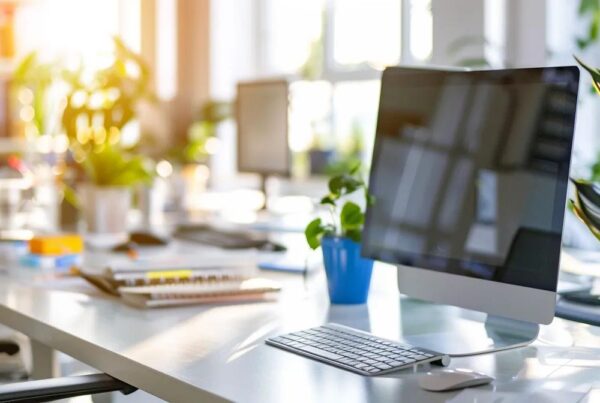 a modern, sleek office space gleaming with pristine surfaces and organized workstations, showcasing the transformative impact of a professional commercial cleaning service on business environments.