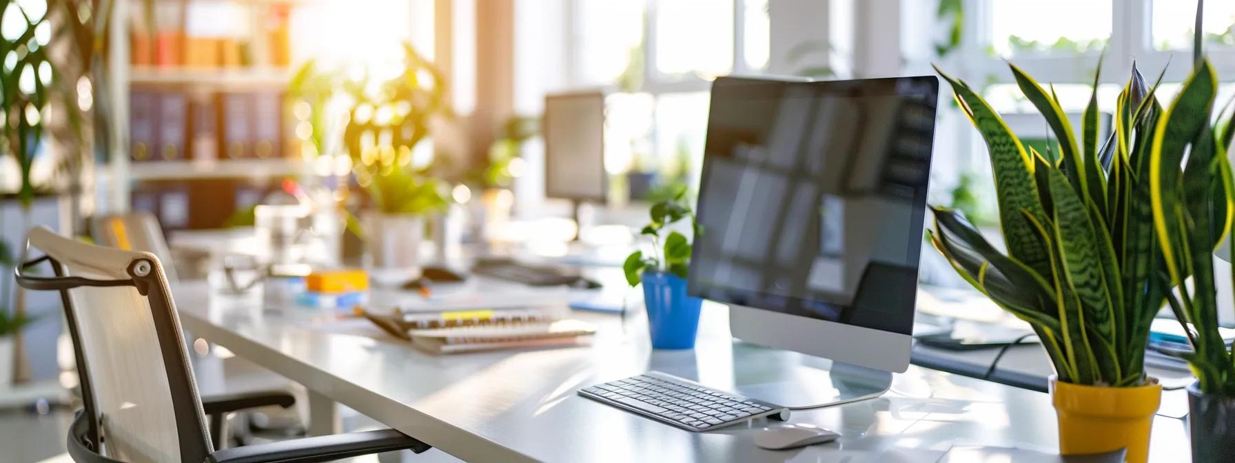 a modern, sleek office space gleaming with pristine surfaces and organized workstations, showcasing the transformative impact of a professional commercial cleaning service on business environments.