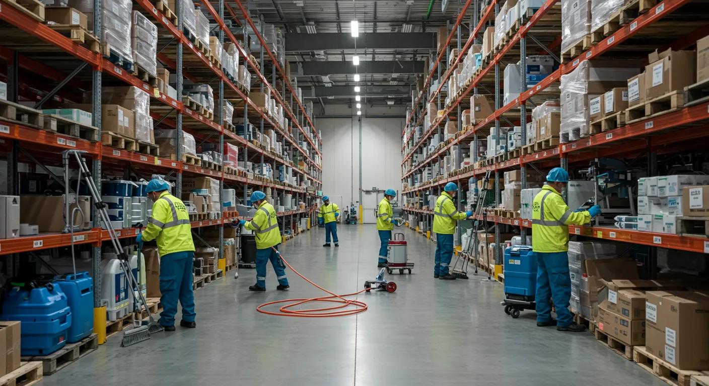 a brightly lit warehouse interior showcases a team of workers in professional cleaning gear meticulously following safety protocols while operating industrial cleaning equipment among neatly organized shelves stocked with supplies.