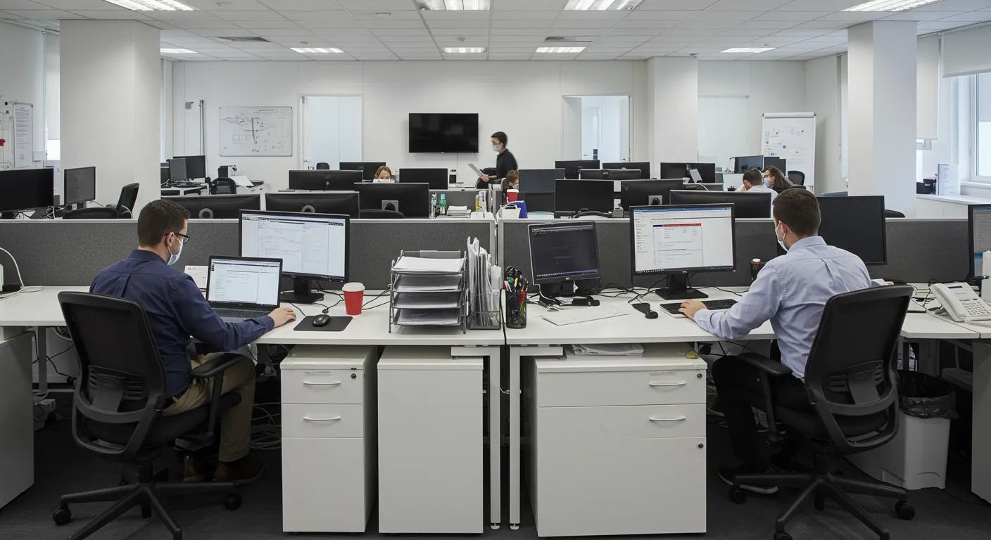 a modern office space, meticulously organized and shimmering with cleanliness, showcases employees collaborating at pristine desks, emphasizing the importance of a hygienic workplace in fostering productivity and health.