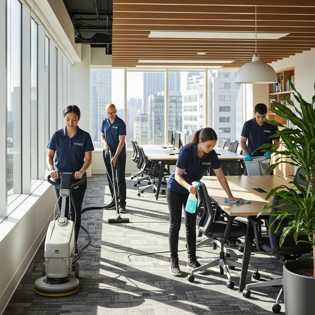 Professional janitorial team cleaning a modern office space with various tools